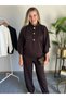 Women's Stand Collar Gold Button Detailed Bat Sleeve Blouse and Pants Two-Piece Set - 3