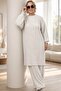 Low Balloon Sleeve Stripe Knitted Tunic Waist Elastic Pants Large Size Winter Knit Set - 3
