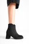 Women's Black Suede Zippered 7 cm Thick Heeled Winter Boots with Western Detail