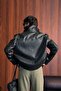 Men's Boxy Fit Leather Jacket with Metal Buckle Black - 6