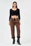Women's Brown Italian Suede Trousers Leopard Pattern Pocket Stone Detail L Stretch Fabric Wide Fit Elastic Waist