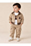 Teddy Bear Printed Stretch Fabric Bodysuit, Buttoned Gabardine Jacket and Bermuda Pocket Detail 3-Piece Baby Boy Set