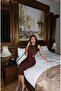 Long Dress with Double Fabric Accessories — Brown - 5
