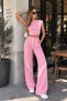 Women's Striped Detailed Crop Top and High Waist Wide Leg Pants Two-Piece Set - 5