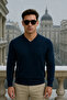 Men's Casual Premium Loose Long V-Neck Navy Blue Sweatshirt