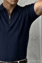 Men's Striped Loose Knitwear Navy Blue Polo Neck T-Shirt - 6