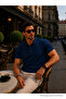 Men's Trend Cotton Waffle Fabric Indigo Polo Collar T-Shirt - 3