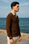 Men's Striped Long Sleeve Coffee Loose Polo Neck T-Shirt - 2
