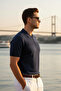 Men's Trend Navy Blue Polo Collar Knitwear T-Shirt - 3