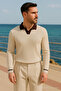 Men's Striped Long Sleeve Cream Loose Polo Neck T-Shirt - 6