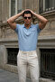 Men's Loose Short Sleeve Blue Polo Collar T-Shirt with Pockets - 2