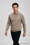Men's Woven Detailed Zippered Beige Polo Knit Sweater - 3