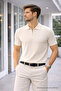 Men's Striped Beige Zippered Polo Knitwear T-Shirt