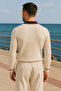Men's Striped Long Sleeve Cream Loose Polo Neck T-Shirt - 5