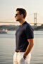 Men's Trend Navy Blue Polo Collar Knitwear T-Shirt - 4