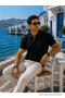 Men's Premium Imported Textured Fabric Striped Black Polo Collar T-Shirt - 4