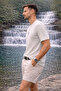 Men's Casual Textured Short Sleeve A.Blue Linen T-Shirt - 2