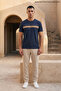 Navy Blue Men's Crew Neck Loose Fit T-Shirt with Chest Band - 3