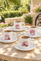 Pink Floral Tea Printed 4/6-Piece White Porcelain Turkish Coffee Cup Set