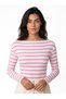 Pink Cotton Stretch Fabric Wide Collar Long Sleeve Striped Pattern Knitted Blouse - 2