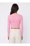 Pink Ribbed Stretchy Textured Crew Neck Long Sleeve Cropped Form Ribbon Detailed Knitted Blouse - 3