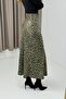 Khaki Satin Fabric Elastic Waist Leopard Patterned Flowing Form Long Skirt - 3