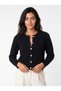 Black Knitwear Textured Crew Neck Long Sleeve Standard Cut Metal Buttoned Knitted Cardigan - 2