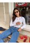 White Stretchy Camisole Fabric Long Sleeve Crew Neck Cropped Low-Cut Blouse with Stones