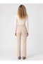 Beige Crepe Fabric High Waist Buttoned Zippered Front Detailed Flared Leg Trousers - 3