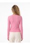 Pink Stretchy Textured Crew Neck Long Sleeve Straight Cut Finger Loop Knitted Blouse - 3