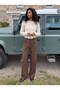 Brown Woven Fabric High Waist Elastic Detailed Wide Leg Pleated Side Pocket Palazzo Trousers