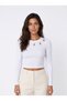 White Stretchy Camisole Fabric Long Sleeve Crew Neck Cropped Low-Cut Blouse with Stones - 2