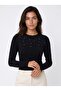 Black Ottoman Fabric Crew Neck Long Sleeve Slim Fit Shiny Stone Detailed Knitted Blouse - 2