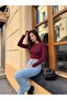Burgundy Ribbed Stretchy Textured Crew Neck Long Sleeve Cropped Form Ribbon Detailed Knitted Blouse