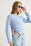 Blue Stretchy Textured Crew Neck Long Sleeve Comfortable Fit Gathered Sides Asymmetrical Cut Blouse - 4