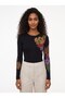 Black Patterned Camisole Fabric Crew Neck Ribbed Textured Long Sleeve Slim Fit Blouse - 2