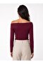 Burgundy Cotton Stretch Fabric Wide Collar Long Sleeve Low Shoulder Detailed Knitted Blouse - 3