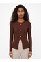 Brown Corded Stretchy Textured Crew Neck Long Sleeve Blouse with Gold Buttons and Slit Detail - 2