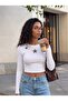White Camisole Crew Neck Long Sleeve Crop Form Star Embroidered Knitted Blouse