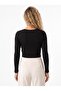 Black Camisole Ribbed Fabric Long Sleeve Crop Form Star Embroidery Detailed Crew Neck Blouse - 3