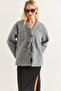 Gray Cashmere Fabric V-Neck Off-Shoulder Relaxed Fit Front Tie Detail Long Sleeve Jacket