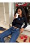 Black Camisole Crew Neck Long Sleeve Crop Form Star Embroidered Knitted Blouse