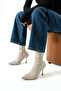 Women's Beige Strec Boots - Pointed Toe, Thin Heel, Side Zipper - 8