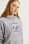 Gray Cotton Plush Textured Hooded Collar Embroidered Sweatshirt with Kangaroo Pocket