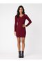 Burgundy Ribbed Knitwear V-Neck Long Sleeve Mini Dress with Metal Accessory Detail - 2