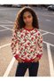 Red Cotton Blend Crew Neck Two Yarn Standard Fit Floral Pattern Sweatshirt