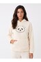 Ecru Cotton Plush Textured Hooded Collar Embroidered Sweatshirt with Kangaroo Pocket - 2