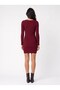 Burgundy Ribbed Knitwear V-Neck Long Sleeve Mini Dress with Metal Accessory Detail - 3