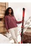 Burgundy Woven Fabric Stand-Up Collar Zippered Long Sleeve Striped Detailed Comfortable Fit Shirt