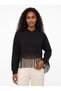 Black Knitted Fabric Hooded Collar Low Shoulder Wide Cut Sweatshirt with Rope Fringe Detail - 2